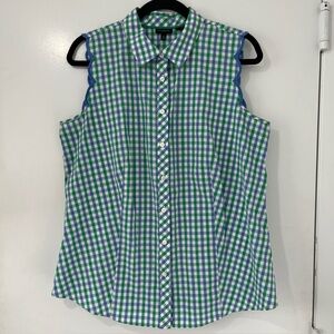 Talbots 12 Green Blue Gingham Plaid Sleeveless Scallop Shoulder Non Iron Blouse
